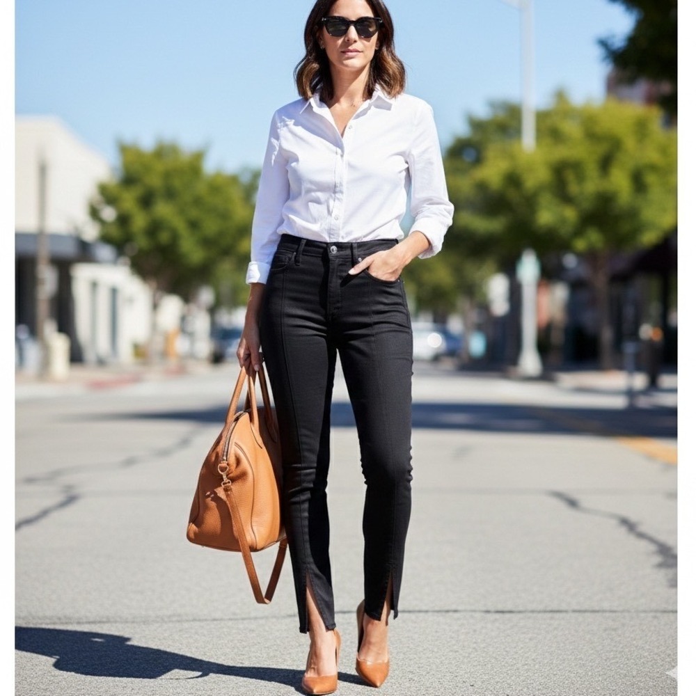 AO‎ LA by Alice + Olivia Black High Rise Pintuck Split Hem Skinny Jeans Sz 28